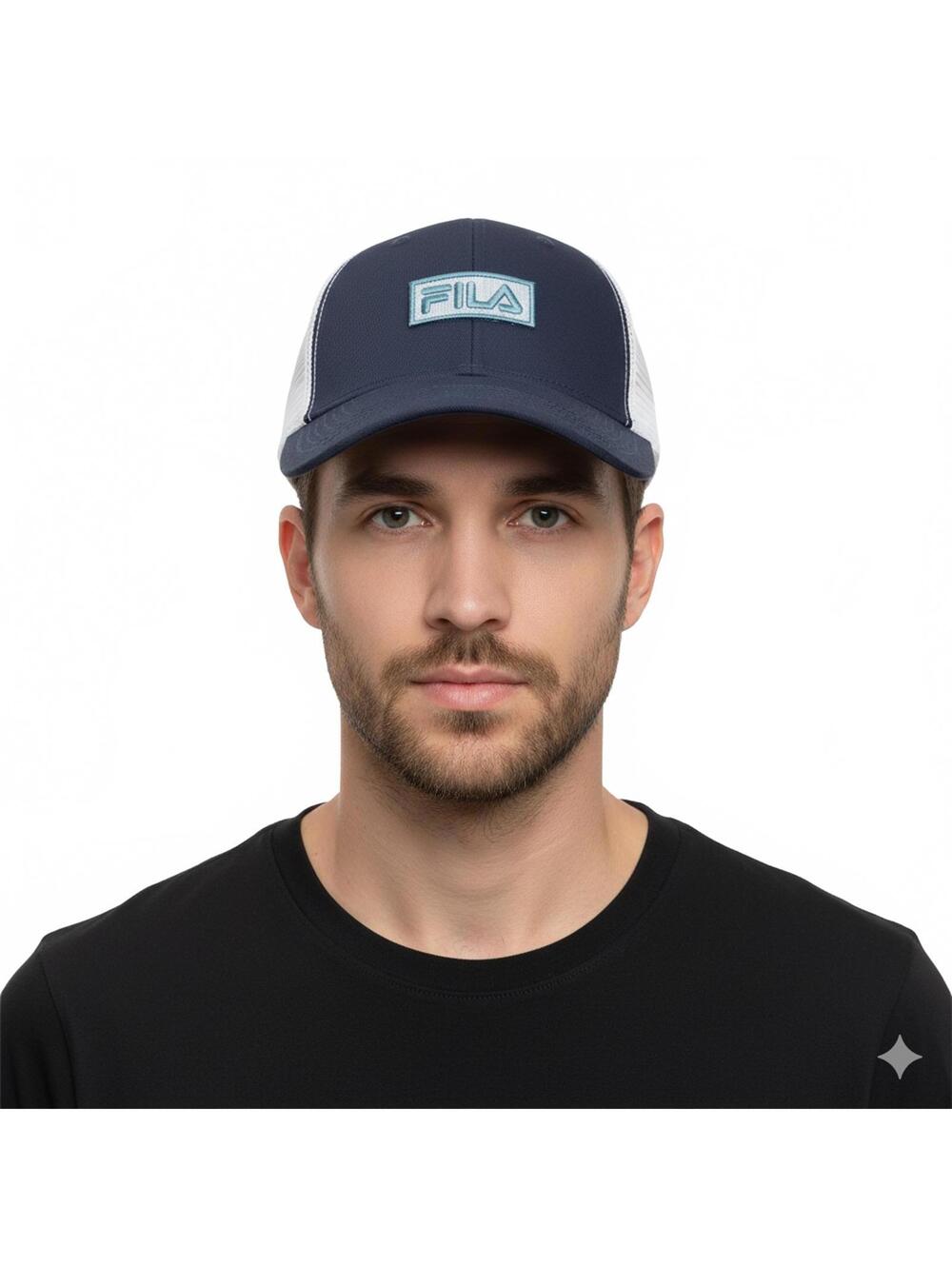 Hat / FILA Logo Patch Mesh Trucker Snapback Hat / Navy Blue, Green & White Mesh
